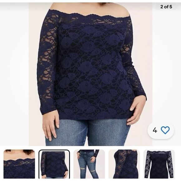 Torrid Lace L/S Top Off-Shoulder Partly Lined Scalloped Neck Navy Blue Sz 2 (2X) - Picture 2 of 9